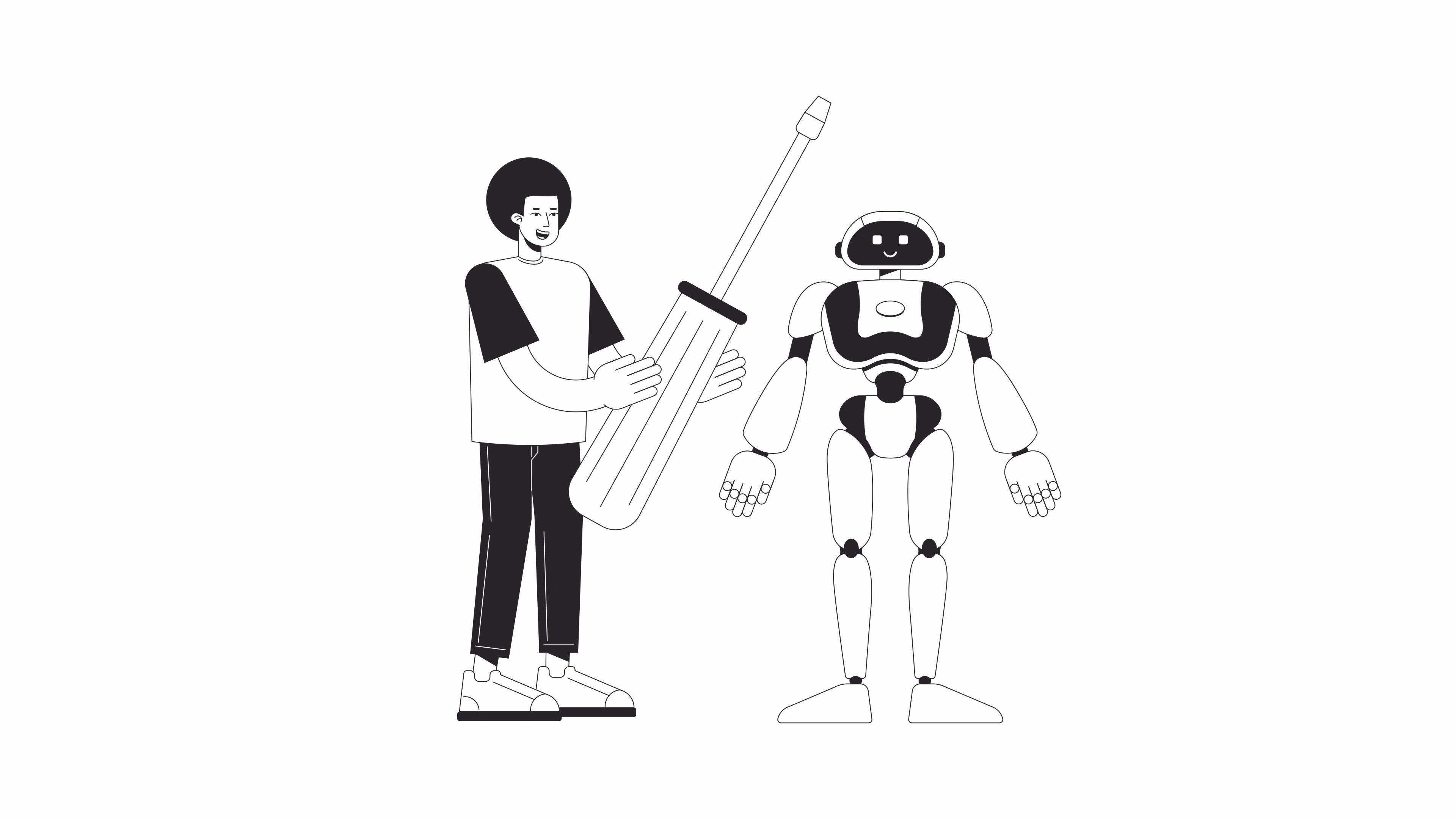 Robotics engineering bw animation. Animated robot, mechanical engineer