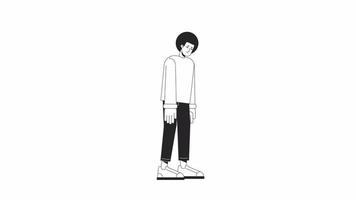 Anxious guy head down bw animation. Depressed man standing lonely isolated 2D flat monochromatic thin line character 4K video footage on white with alpha channel transparency for web design