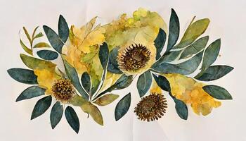 Watercolor sunflowers bouquet, hand painted sunflower bouquets with greenery, sunfower flower arrangement. photo