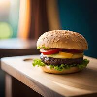 Hamburger with cheese, tomato, lettuce, and onion on a wooden board. photo