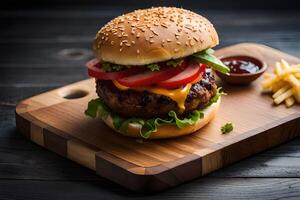 Cheeseburger with Golden French fries on wooden background. photo