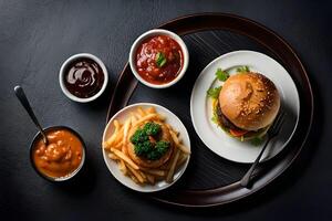 Burger, french fries, and sauces on a black background top view. photo