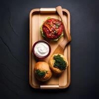 Bacon burger with tomato and cheese on wooden board top view. photo