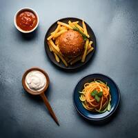 Homemade hamburger with french fries and ketchup on dark background. photo