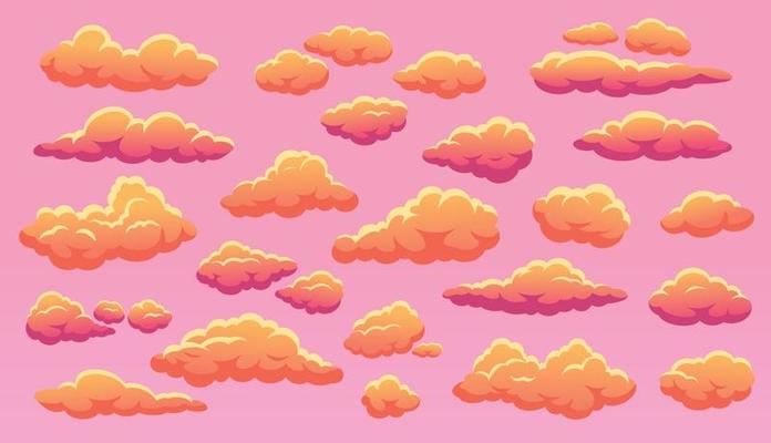 Cartoon sunset cloud, fluffy orange clouds in sky. Cute pink cloudy skies, heaven sundown cloudscape with cloud shapes vector set