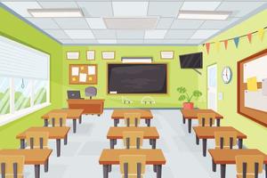 Cartoon empty school classroom interior with desks and chalkboard. Elementary class with furniture teacher table, blackboard vector illustration