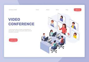 Isometric webinar, video conference or meeting, online business training. Businesspeople talking to colleagues in video call vector landing page