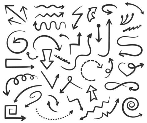 Hand drawn arrows doodles, black arrow drawing. Straight and curved pointers, up or down direction lines, swipe arrow icon vector set