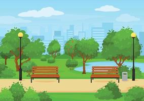 Cartoon public city park with green trees, benches and lake. Summer outdoor scenery urban park nature landscape vector illustration