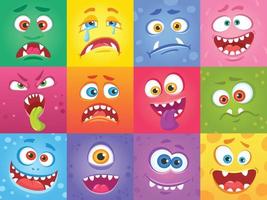 Cartoon funny monster faces in squares, cute monsters characters. Halloween spooky face, creatures with various emotions vector set