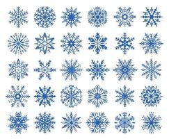 Winter snowflakes icons, ice flakes, snow crystals ornaments. Christmas snowflake decorations, blue frozen crystal silhouette vector set