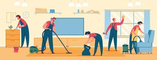 Professional home cleaning. Team of cleaners doing housekeeping, vacuuming floor and furniture. Cleaning services clean house vector illustration