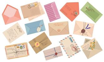 Envelopes, paper mail letters, postcards with stamps and postmarks. Handmade wax seal envelope, vintage correspondence post card vector set