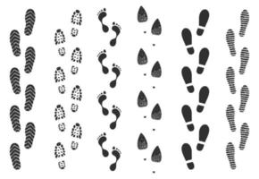 Footprint track, human walking footstep trails. Shoe foot print route, walk footprints path, dirty boot imprint trail silhouette vector set