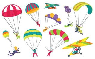 Skydivers with parachutes. Professional parachutist or skydiver flying in sky. Extreme sports, skydiving, paragliding, parachuting vector set