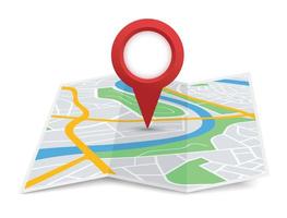 doblada ciudad mapa con destino puntero, GPS navegación. rojo ubicación alfiler marcador en 3d papel calle mapas turista sitio navegador vector firmar