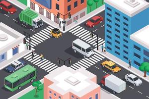 Isometric city crossroad with cars, road intersection traffic jam. Urban downtown street with transport and people vector illustration