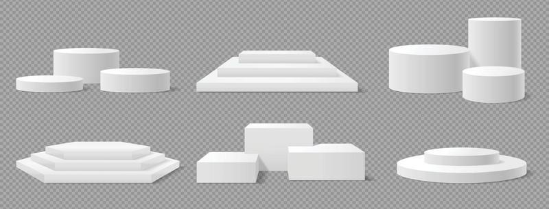 White square shaped podium circular pedestal stand. Realistic empty platform, winner stage, advertising podiums 3d mockup vector set