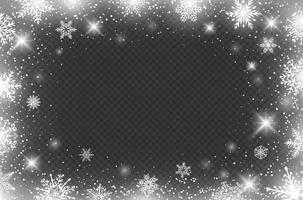 Winter snowflakes border, frozen frame borders effect. Christmas decoration with ice flakes, snow crystals and particles vector background