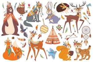 Cute woodland tribal animals, boho tribe forest animal. Fox, owl, wolf, bear, deer characters with american indian ethnic elements vector set