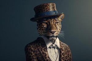 Gentleman, the boss is a formidable spotted leopard in a hat, suit and tie. Banner header. . photo