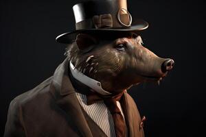 Gentleman, boss wild boar, pig in hat, suit and tie. Banner header. . photo