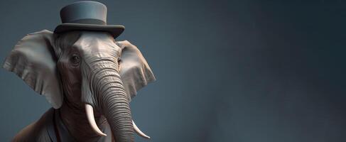 Gentleman boss elephant with a trunk and big ears wearing a hat, suit and tie. Banner header. . photo