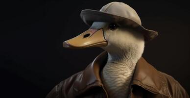 Gentleman boss white goose in a hat, suit and tie. Banner header. . photo