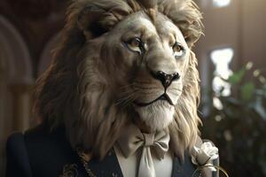 Gentleman, the boss is a formidable lion with a mane in a hat, suit and tie. Banner header. . photo