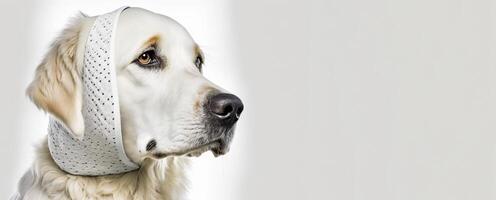 A sick dog sits with a bandage on his head and a white background. . photo