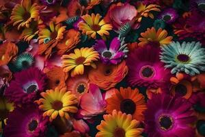 Texture of live mixed field multicolored blooming flowers for background, wallpaper. . photo