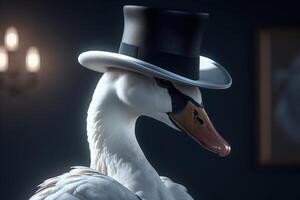 Gentleman white swan in a hat, on a black background. . photo