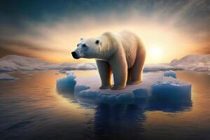 Polar bear on an ice floe in the Arctic Sea against the background of the morning sun. . photo