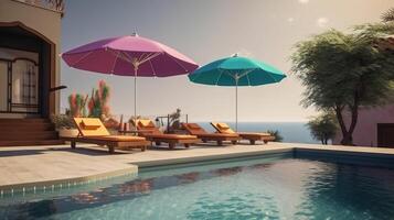 Multi-colored sun loungers with umbrellas by the pool near the house. . photo