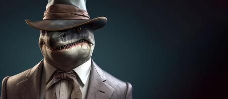 Gentleman shark boss in hat, suit and tie. Banner header. . photo