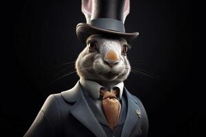 Gentleman, boss fluffy rabbit, hare in a hat, suit and tie. Banner header. . photo