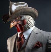 Gentleman, boss rooster with red crest in hat, suit and tie. Banner header. . photo