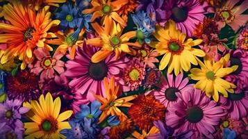 Texture of vibrant mixed american colorful blooming flowers for background, wallpaper. . photo