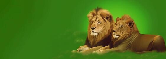 Lions lie in nature on a green background. Day of Africa concept. . photo