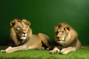 Lions lie in the day of Africa in nature on a green background. . photo