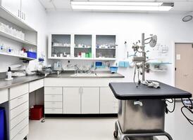 Veterinary office with medical equipment, instruments and medicines. photo