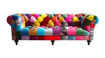 Chesterfield sofa from multi-colored fabric, patchwork, on a white background. . photo