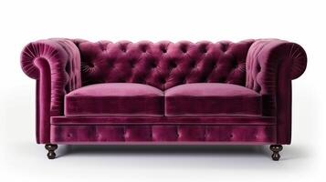 Sofa chesterfield from burgundy fabric on a white background, isolate. . photo