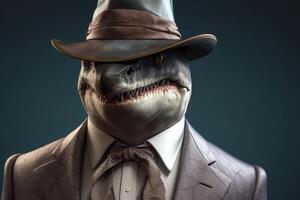 Gentleman shark boss in hat, suit and tie. Banner header. . photo