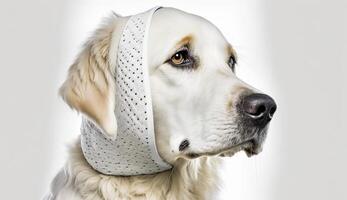 A sick dog sits with a bandage on his head and a white background. . photo