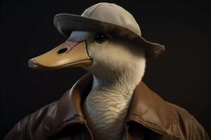 Gentleman boss white goose in a hat, suit and tie. Banner header. . photo