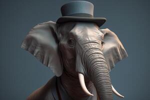 Gentleman boss elephant with a trunk and big ears wearing a hat, suit and tie. Banner header. . photo
