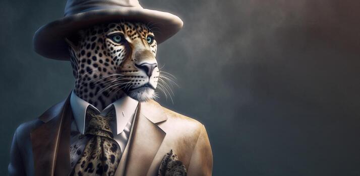 Gentleman, the boss is a formidable spotted leopard in a hat, suit and tie. Banner header. . photo
