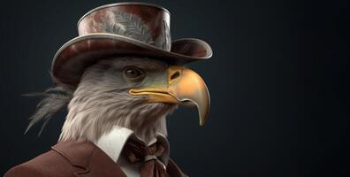 Gentleman, boss bald eagle in hat, suit and tie. Banner header. . photo