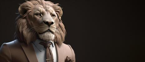 Gentleman, the boss is a formidable lion with a mane in a hat, suit and tie. Banner header. . photo